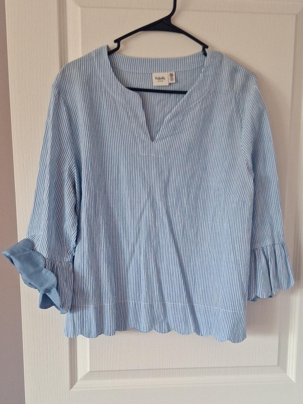 Splendid Light Blue and White Pinstripe Split-Neck Ruffle Sleeve Tunic